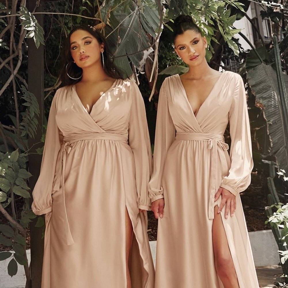 NEW LONG SATIN A-LINE DRESS WITH LONG BLOUSON SLEEVES AND ZIPPER BACK 7475